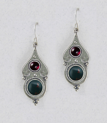 Sterling Silver Gothic Look With Bloodstone And Garnet Gemstone Drop Dangle Earrings